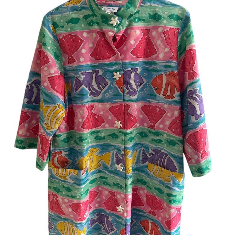 CHIA‎ Large Vintage 80’s Fish Shell Beach Tunic Swim Coverup Pockets Sea Buttons